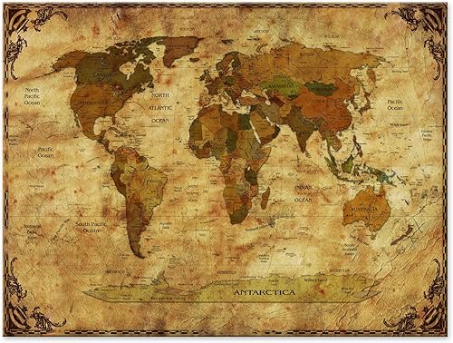Impression d'art - Mappemonde rétro II Cadre - Image sur Toile - 180x120 cm 4tlg. - Toile Photos - Murale de BildTerrepot24 - Urbain & Graphique - Terre - détaillé - Unique - Nail Gallerys