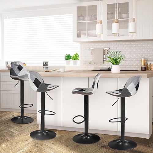 IDMarket - Lot de 4 tabourets de Bar Karl Design patchworks Noirs, Gris et Blancs Pied Noir - Nail Gallerys