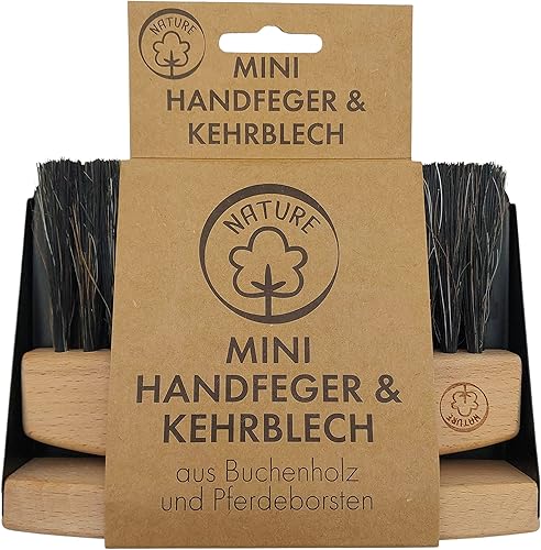 BURI Kit de balayage de table en bois et métal - Balai et pelle en bois de hêtre naturel et poils de cheval - Mini balayette et pelle magnétique - Noir - Nail Gallerys