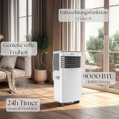 Climatiseur mobile 9 000 BTU avec tuyau d'évacuation et joint de fenêtre - Climatiseur mobile 24 h - Ventilateur de refroidissement 300 m³/h - Déshumidificateur 1,2 l/h - Climatiseur mobile silencieux - Nail Gallerys