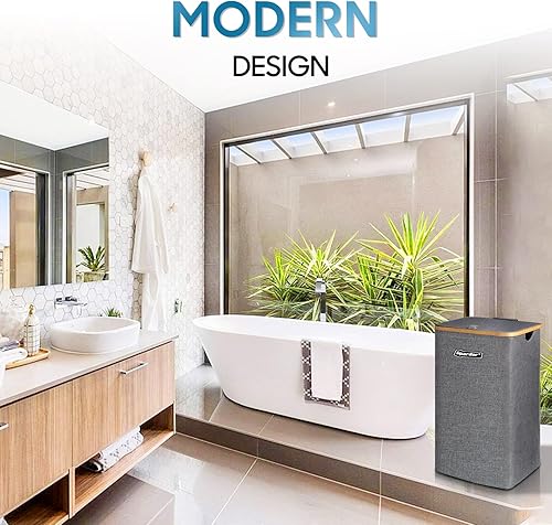 Spardar Paniere a Linge Sale, 100L Grand Panier a Linge Pliable avec Couvercle et Anses en Bambou, Bac a Linge Sale pour Chambre, Panier Linge avec Sac Intérieur - Nail Gallerys