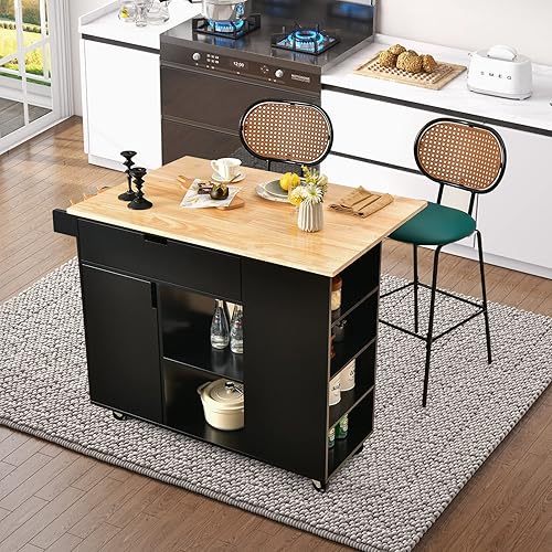 Giantex Chariot de cuisine avec îlot, chariot de service roulant en bois avec lame, tiroir, porte-serviettes et porte-épices, multifonction avec roues pour cuisine et salle à manger (Noir) - Nail Gallerys
