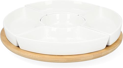 HOMLA Fincan Plateau de service rond moderne 6 pièces – Assiettes au design frappant pour fêtes, fêtes, collations, apéritifs – Porcelaine et bois de bambou, Ø 30 cm, blanc - Nail Gallerys