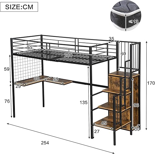 Zepneiy Lit Mezzanine 1 Place avec Armoire, lit Mezzanine avec Bureau,Lit Superposé Enfant 90x200 avec échelle et Balustrade, Blanc Naturel (sans Matelas) - Nail Gallerys