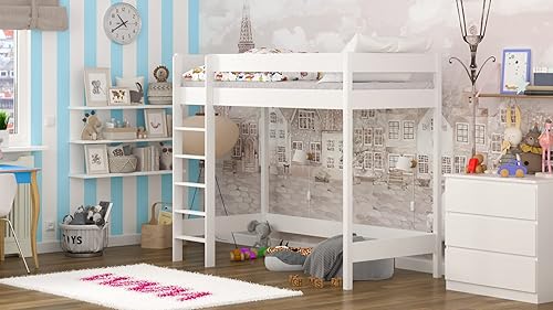 WNM Group Lit Mezzanine avec Barriere HUBI - Lit Simple pour Filles et Garçons - Lit pour Chambre Enfant Bois Massif et Panneau de Particules - Blanc - 200x90 cm - Nail Gallerys