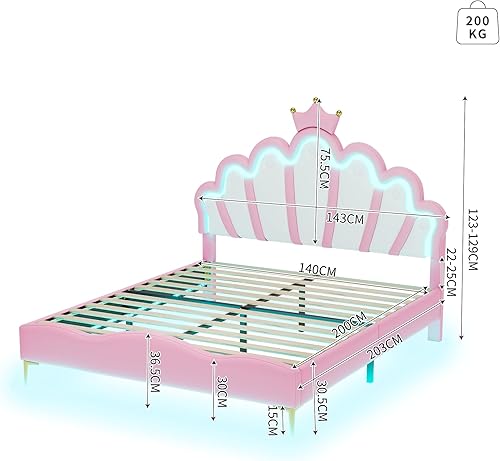Wuudi Lit double plat de 140 x 200 cm, lit de princesse en forme de couronne, rembourrage doux en cuir PU, bande lumineuse ambiante LED réglable, rose - Nail Gallerys