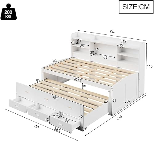Seyakany Canapé lit 140 x 200 cm avec télécommande LED et Port de Charge USB&Type C,Lit Enfant 140x200 avec lit gigogne et 3 tiroirs,sans Matelas,Blanc - Nail Gallerys