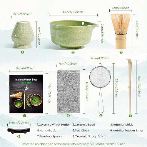 7 Pièces Matcha kit ceremonie japonais, Fouet matcha en bambo, bol matcha, cuillère à thé, Porte-Fouet, kit matcha complet, Coffret matcha, pour la cérémonie du thé, la boisson - Vert - Nail Gallerys