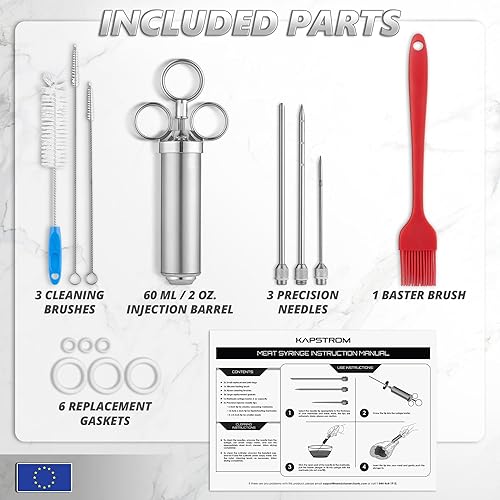 KapStrom Kit de seringue d'injecteur de viande avec 3 aiguilles à marinade, outil de barbecue en acier inoxydable d'une capacité de 2 oz avec brosses à badigeonner et à nettoyer de qualité alimentaire - Nail Gallerys