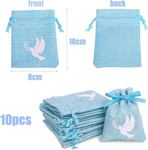 10Pcs Sachet Jute Pochette Dragée Motif Colombe Cadeau Invité Décoration Baptême Communion Confirmation Naissance avec Ruban (Bleu) - Nail Gallerys