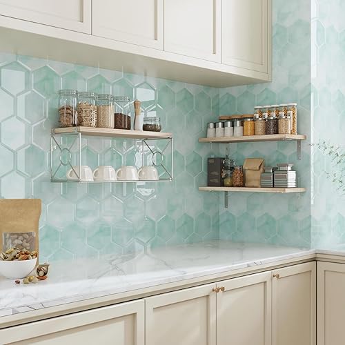 CRE8TIVE Credence Adhesive pour Cuisine Vert Clair Carrelage Adhesif Mural Effet Marbre Hexagone Dalle PVC Adhesive Murale pour Salle de Bain Cheminee Carreaux Adhesif Cuisine 30.5cm x 30.5cm 4 Pièces - Nail Gallerys