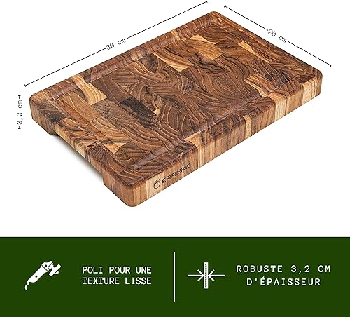 Erreke Planche a Decouper Bois, Bois de Teck End Grain, Planche à Découper Robuste et Compact Idéale pour Petit Cuisines, Couper Servir Viande Fromage Pain, 30x20x3.2 cm - Nail Gallerys