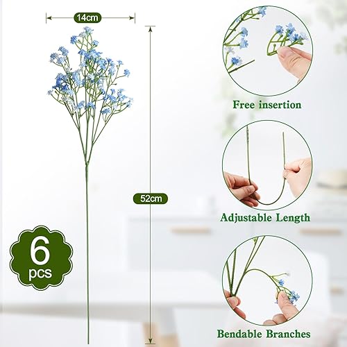 KUDLE Lot de 6 gypsophiles artificielles bleues - 52 cm - Fleurs artificielles - Bouquet de fleurs artificielles pour mariage, maison, décoration - Nail Gallerys