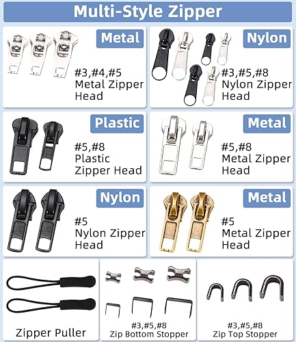 165 Pieces Curseur Fermeture Eclair Clipsable, Kit Reparation Fermeture Eclair Multi-Matériaux et Multi-Modèles, Fermetures Eclair, Fermeture éclair pour Veste/Jeans/Sac a Dos (4 Tailles : #3/4/5/8) - Nail Gallerys