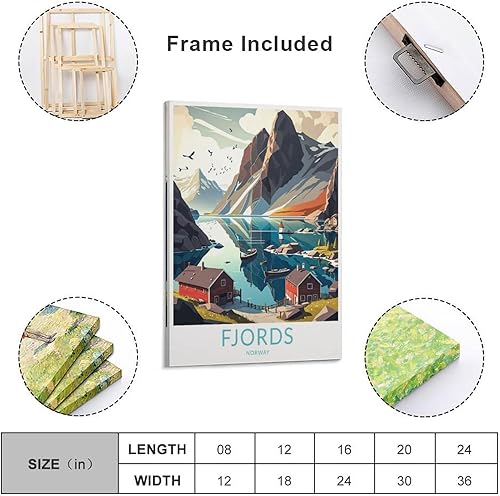 Fjords Norway Poster vintage de voyage paysage 20 x 30 cm Impression sur toile pour salon, chambre, dortoir, maison, bureau, décoration murale - Nail Gallerys