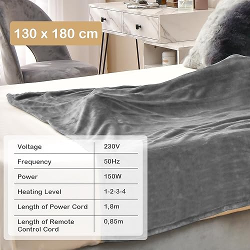 HOMASIS Couverture Electrique Thermique Chauffante avec 4 Niveaux de Chaleur, Surmatelas Chauffant Minuterie de 8 H, Protection contre la Surchauffe, Télécommande, Lavable en Machine, 130x180cm - Nail Gallerys