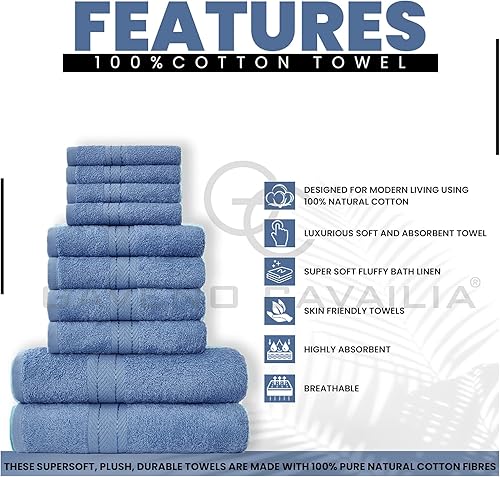 GC GAVENO CAVAILIA Towels Lot de 10 Serviettes de Bain 100% Coton égyptien, 4 Visage, 4 Mains, 2 Serviettes de Bain, de qualité supérieure, très absorbantes, lavables en Machine, Bleu - Nail Gallerys