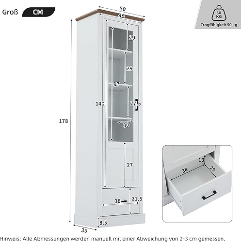 Merax Vitrine avec éclairage LED - Vitrine sur pied avec porte en verre - Rangement avec 2 tiroirs - Armoire polyvalente pour salon, bureau, cuisine, salle de bain - Naturelle - 75 x 34,5 x 170 cm - Nail Gallerys