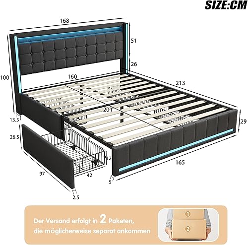 LONELYO Lit Rembourré avec 4 Tiroirs de Rangement,LED réglables,Moderne Cadre de Lit Plateforme avec Sommier à Lattes en Bois(sans Matelas) (Gris, 160x200cm) - Nail Gallerys