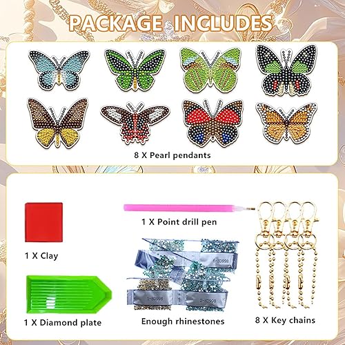 OYIWINMI Lot de 8 kits de peinture diamant papillon DIY Diamond Painting enfants pendentif comme cadeau pour fille de 7 ans, porte-clés de peinture diamant pour décoration de jardin et balcon - Nail Gallerys