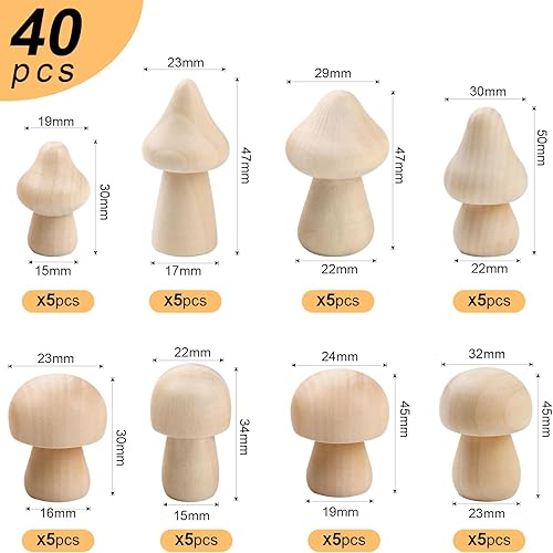 Asaisimg Lot de 40 mini champignons en bois naturel brut à peindre, différentes tailles pour arts et travaux manuels, projets de peinture, décorations - Nail Gallerys