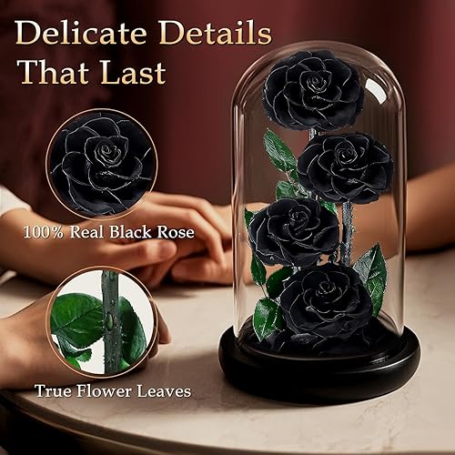 MAMAMIKO 4 Rose Eternelle sous Cloche, Fleur Eternelle Cadeau, Idée Boite Rose Eternel, Cadeau Fête des Mères, St-Valentin, Noël, Anniversaire, Femme, Copine, Amie, Mere, Grand Mere(Rose Noir) - Nail Gallerys