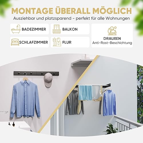 teolix Séchoir à linge mural 2 en 1 avec crochets supplémentaires, extensible et peu encombrant, petit pour mur, intemporel et pratique, (blanc, 80 cm) - Nail Gallerys