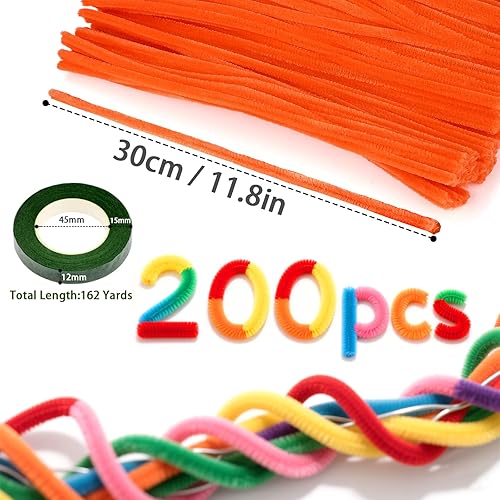 XRXYMQ Lot de 200 cure-pipes orange - 30 cm - Décoration de tuyau - Fil chenille pour d'autres formes - Décoration artisanale - Pour projets créatifs - Nail Gallerys