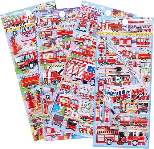 ZMDMAH Lot de 4 feuilles d'autocollants 3D pompiers pour enfants - Autocollants Puffy pour enfants - Autocollants de pompiers pour garçons et filles - Autocollants de récompense - Fête d'anniversaire - Nail Gallerys