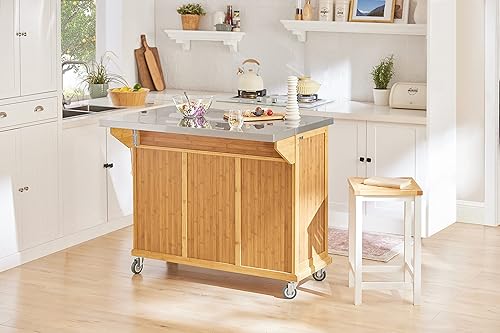 SoBuy® FKW69-N Desserte sur roulettes Meuble de Cuisine de Service Roulant en Bambou - Plans de Travail en Acier INOX Rabattables - Grande Armoire de Rangement - Nail Gallerys