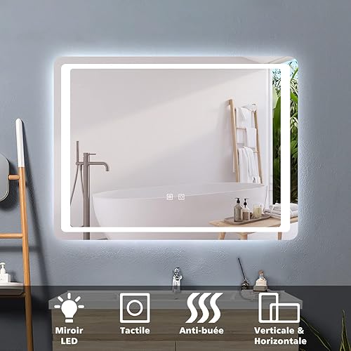 HAPAOSO Miroir de Salle de Bain 120x70cm avec Miroir Mural Anti-buée rectangulaire Lumineux + Interrupteur Tactile Miroir LED Blanc Froid 6000k - Nail Gallerys
