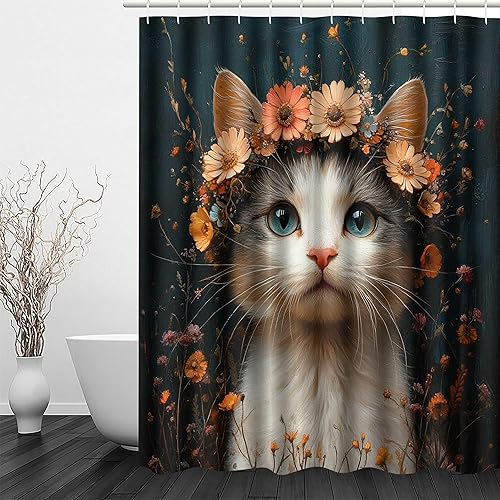 Rideau de Douche 180x200 cm Anti Moisissure 3D Mignon Animal Chat Fleurs Motif Lavable Imperméable Polyester Tissu Rideau de Baignoire avec Crochets pour Salle de Bain Cabine de Douche Hôtel - Nail Gallerys