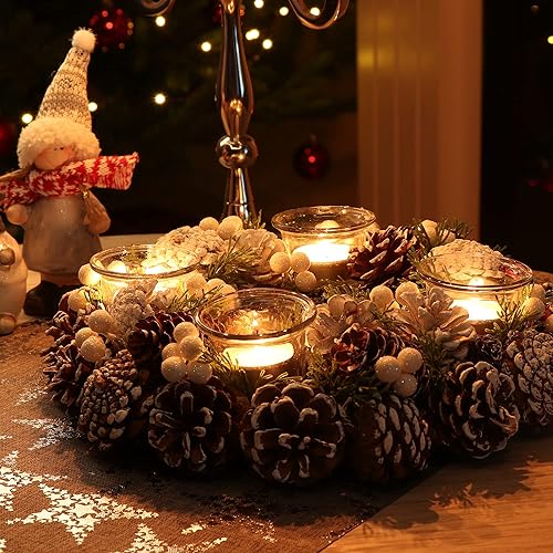 COM-FOUR® Couronne de Table pour Noël - Couronne de l'Avent Blanche avec cônes - Couronne décorative avec 4 photophores (Couronne de l'Avent L) - Nail Gallerys