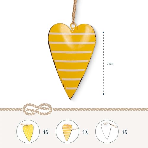 Cœurs à Suspendre en métal, Lot de 12: Suspension décorative cœur pour Mariage, été, baptême, décoration à Suspendre pour Branches, Jaune & Blanc, avec Ficelle, 7 cm - Nail Gallerys