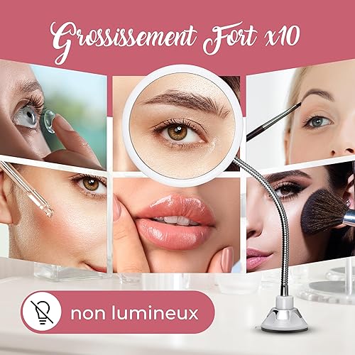 Mirror de Maquillage Grossissant x10 avec Col de Cygne Flexible - Mirror de Table et Mural 2 en 1 pour la Coiffeuse et la Salle de Bain, Magnifying Makeup Mirror - 17cm x 17cm (Rond) - Nail Gallerys