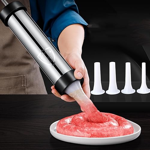 Xinlie Poussoir à Saucisse Manuel de Qualité Alimentaire Outil Manuel Remplissage de Saucisses Remplissage de Saucisse en Acier Inoxydable Poussoir à Saucisses avec 4 Entonnoir,pour Saucisses Maison - Nail Gallerys