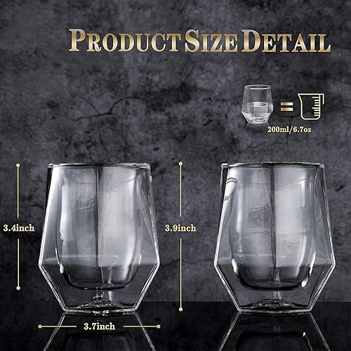 YouYah Set de 2 Verres à Whisky - Verre à Whisky Cristal Double-Paroi avec 4 Glaçons en Acier Inoxydable & Pince, Verre de Dégustation, Cadeau pour Homme, Verre de Bar pour Cocktail, Cognac (200ml) - Nail Gallerys