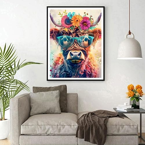 DPHERO 5D Vache des Highlands Diamond Painting Kits, DIY Broderie Fleurs Art du Diamant Painting Kit Complet, Verres Kits de Peinture sur Diamant Point de Croix Painting pour Adultes Débutants 30x40cm - Nail Gallerys
