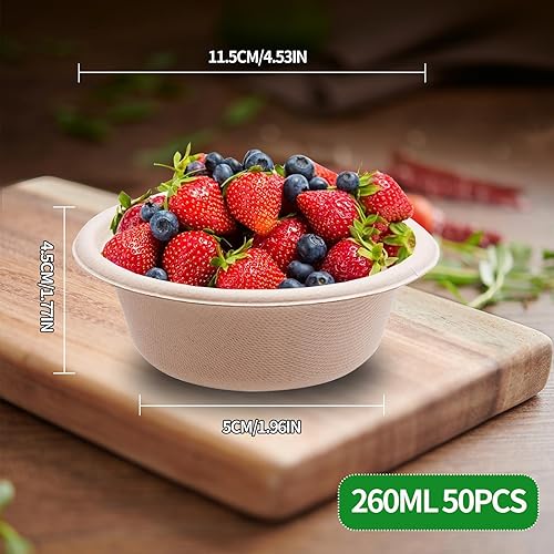 BOKFJBP Lot de 100 bols à canne à sucre marron de 260 ml - Bols à soupe en canne à sucre bagasse durables isolés et durables - Pour le printemps et l'été - Barbecues, pique-niques, dîners de famille - Nail Gallerys