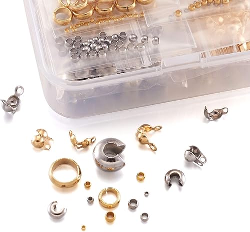 Beadthoven Kit de 370 perles à écraser en acier inoxydable 304 avec couvercles de perles à écraser, embouts de perles, cache-nœuds et rondelles, perles à sertir, perles d'espacement de couleurs - Nail Gallerys