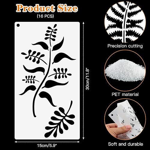 MWOOT 16 Pièces Feuille Tropicale Pochoir Dessin Peinture, Pochoir à Dessin Réutilisable Plastique Pochoir pour Planchers, Fenêtres, Décoration Murale (15x30CM) - Nail Gallerys