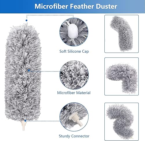 Duster en Microfibre pour Nettoyage avec Tige d'extension (Acier Inoxydable) atteint 100 Pouces, Flexible et Extensible pour Nettoyer Ventilateur de Plafond, Meubles, Clavier/Voitures - Nail Gallerys