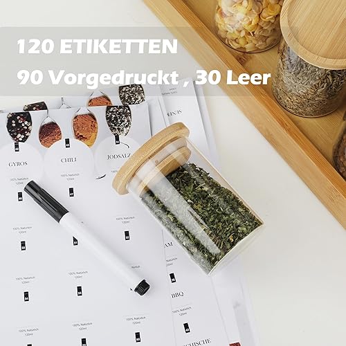 LIBWYS Lot de 12 pots à épices empilables ronds avec couvercles en bambou - 180 ml - 120 étiquettes - Récipients à épices en verre borosilicate pour épices, sucre - Nail Gallerys