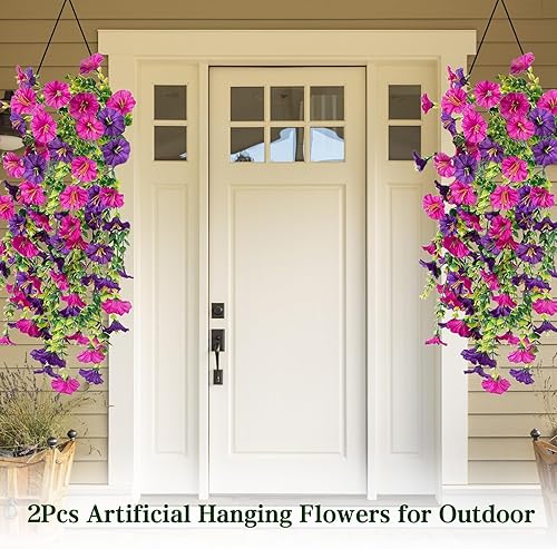 nnOuOnn Lot de 2 fleurs artificielles à suspendre en plein air, fausses plantes rampantes, décoration de gloire du matin, résistantes aux UV pour paniers suspendus – Décoration printanière, jardin - Nail Gallerys