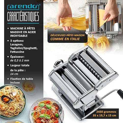 Machine à Pâtes Manuelle,7 Épaisseurs Réglables, En Acier Inoxydable avec Rouleau et 2 Cutters, Pasta Maker, À Pâtes Fraîches à Manivelle à la Main pour Spaghetti Fettuccini Lasagnes Laminoir a Pate - Nail Gallerys