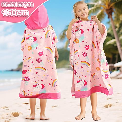 FILOWA Poncho de Bain Filles Enfants Microfibre Serviette de Bain à Capuche Plage Cape de Bain 75 * 180cm Grande Serviette Poncho Rose Licorne Serviette de Plage Absorbante Peignoir pour 6-15 Ans - Nail Gallerys