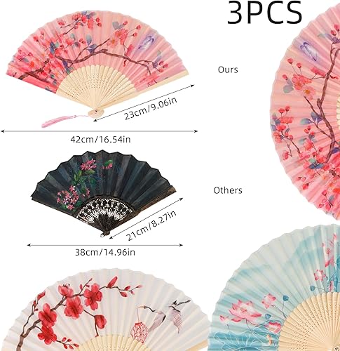 BigKego Lot de 3 éventails pliants orientaux en bambou - Éventail creux - Pour fans de pliage - Avec pompon - Pour décoration murale - Cadeaux de mariage - Fête d'été - Nail Gallerys