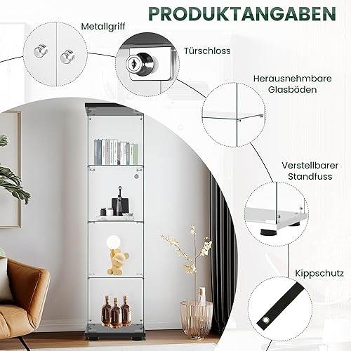 Aplancee Vitrine en verre noir - 164,3 x 36,6 x 42,5 cm - Avec 4 étagères en verre et 1 porte en verre trempé - Armoire moderne pour salon, bureau, objets de collection, livres, vin - Nail Gallerys