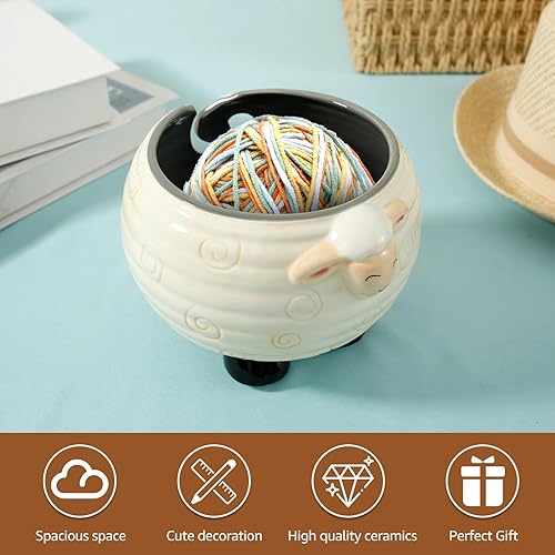 Bols de fil en céramique pour crochet, tricot et pelote de fil fait à la main - Bol de rangement portable pour fil à tisser - 14 x 12 cm - Nail Gallerys