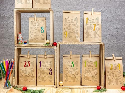 Papierdrachen Lot calendrier maison avec 24 sachets en papier kraft marron avec motif maison pour colorier et remplir soi-même - Noël - Nail Gallerys